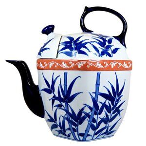 Bombay Company Blue & White Japanese-Style Teapot 1990s Bamboo Design